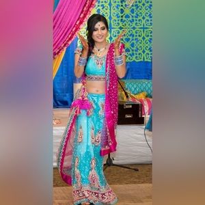 Gorgeous light blue and hot pink choli/lengha